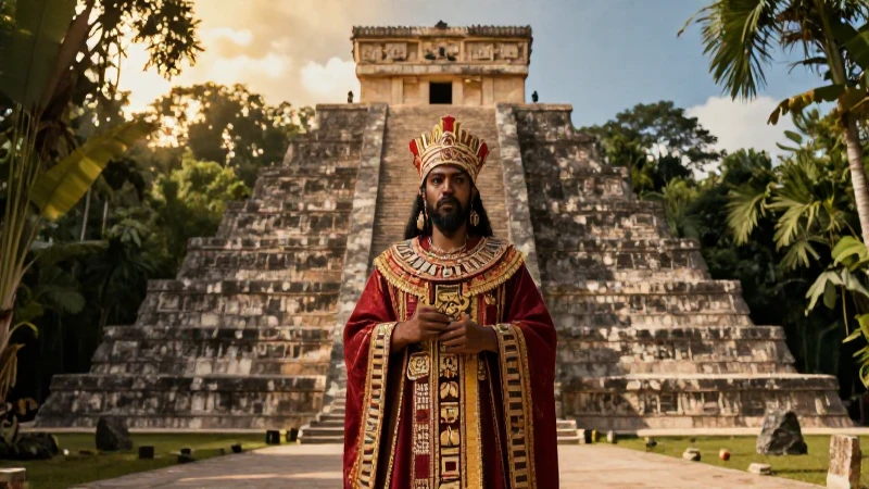 Sacerdote mesoamericano en ritual ante pirámide