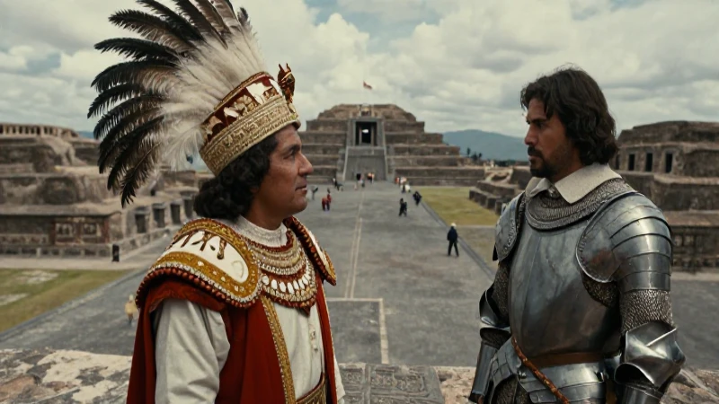 Cortés y Motecuhzoma en Tenochtitlan histórico