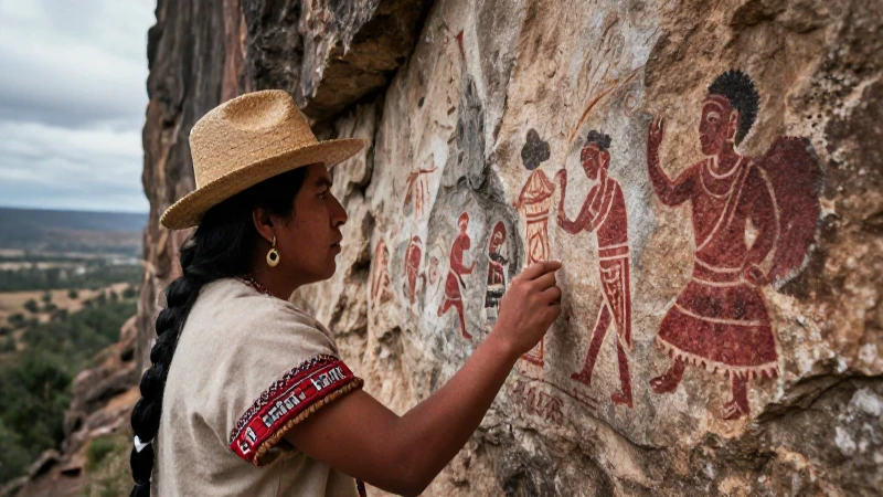 Figuras mesoamericanas observan murales en paisaje árido