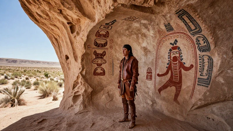 Cazador precolombino en cueva, arte mural antiguo