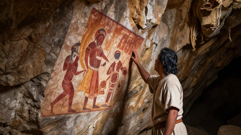 Figura precolombina en cueva, examinando murales