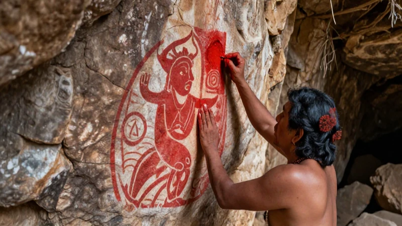 Hombre indígena pintando arte rupestre ancestral