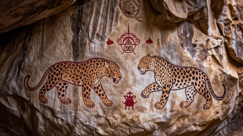 Arte rupestre mexicano con jaguar bajo luz dramática