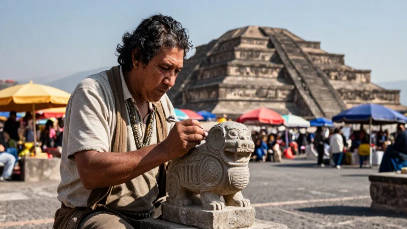 A qué se dedicaban los aztecas y qué esplendor cultural tenían 23 Artista azteca esculpe una figura frente al Templo Mayor