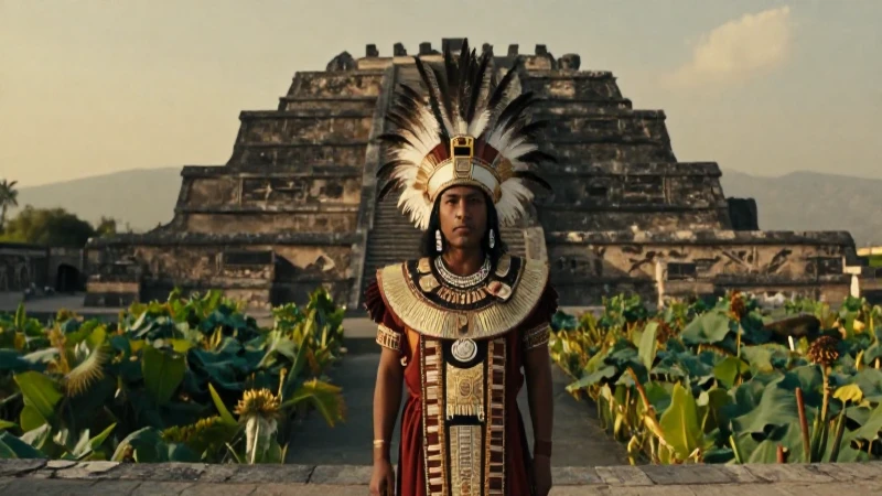 A qué se dedicaban los aztecas y qué esplendor cultural tenían 21 Sacerdote azteca ante arquitectura monumental