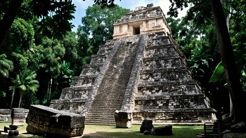 Ruinas mayas bajo densas selvas y luz filtrada