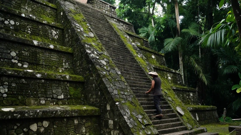 Figura maya examina pirámide en selva