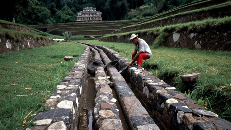 Agricultor mesoamericano con canal y terrazas