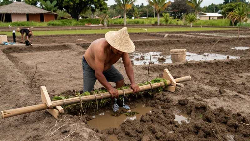 Agricultor mesoamericano trabaja en chinampa con luz natural