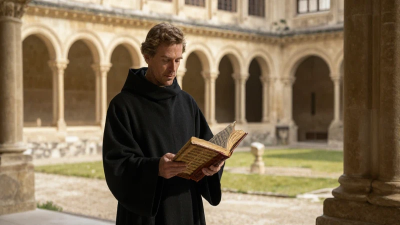 Qué historia, valores y legado tiene la Orden de San Agustín 13 Friar medieval con manuscrito en claustro dorado