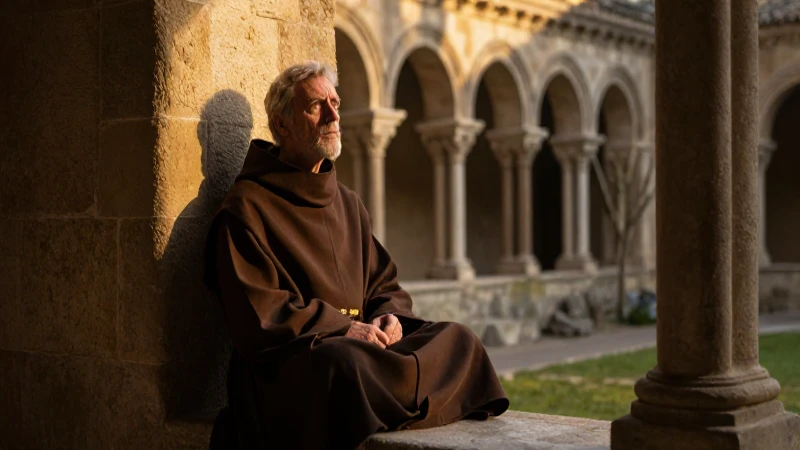 Qué historia, valores y legado tiene la Orden de San Agustín 9 Monje contemplativo en claustro antiguo, luz dorada