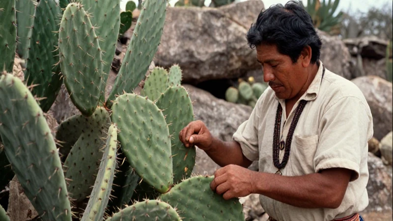 Hombre indígena cosechando nopal en paisaje rocoso