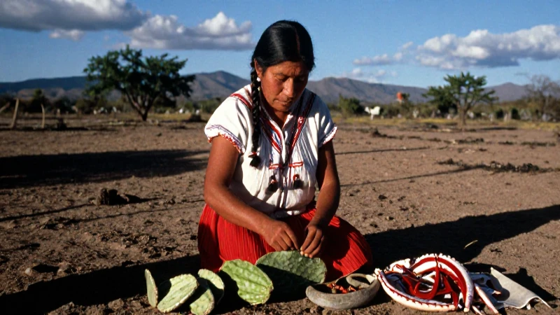 Mujer indígena procesando en árido paisaje