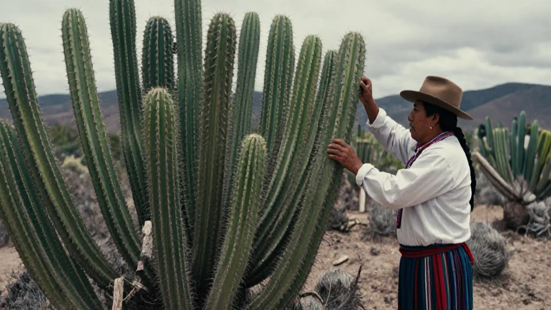 Indígena cuida nopal en paisaje árido de México