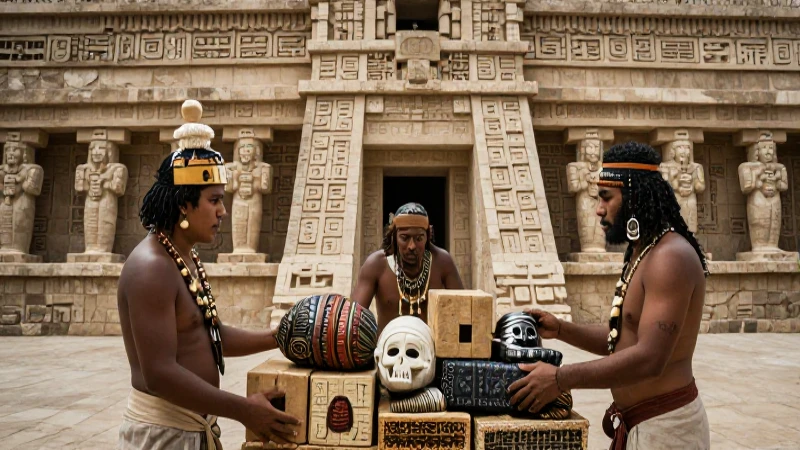 Triple Alianza: La Mayor Alianza de Pueblos Mesoamericanos 11 Recopiladores aztecas supervisan bienes ante arquitectura antigua