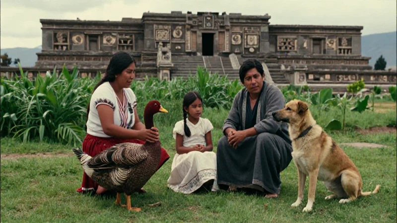 Alimentos de los Mexicas: Claves de su Rica Alimentación 36 Familia mexica con guajolote y arquitectura antigua