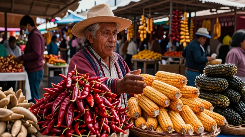 Alimentos de los Mexicas: Claves de su Rica Alimentación 37 Mercader mexica exhibe vibrantes cultivos de maíz