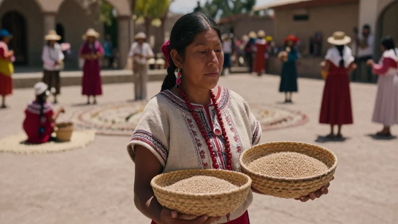Mujer Nahua en plaza ceremonial con grano