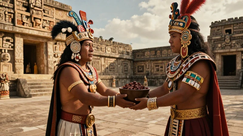 Noble azteca ofrece rito en templo antiguo
