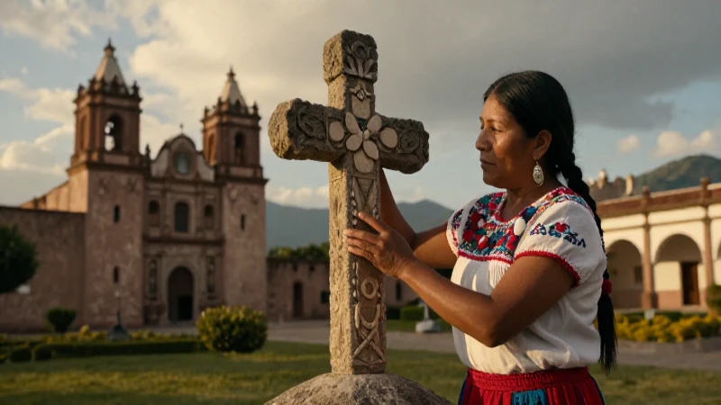 Mujer nativa adora una cruz en misión colonial