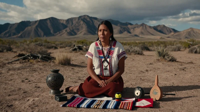 Mujer indígena en ritual, paisaje árido mexicano
