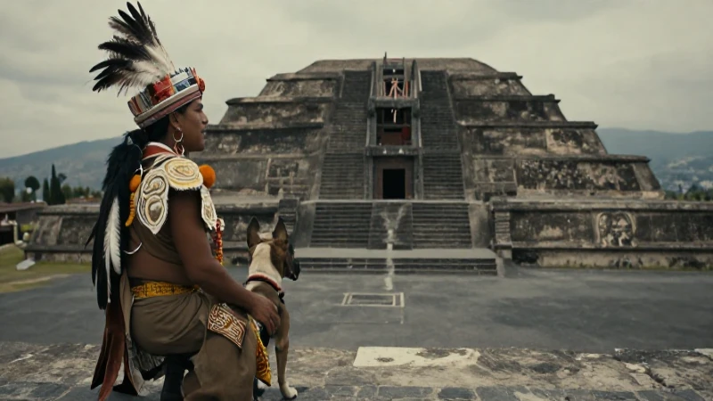 Animales aztecas: Qué animales domesticaron los mexicas 5 Mexica con perro frente a Tenochtitlan