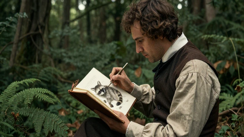 Naturalista estudia ilustración de mapache en bosque