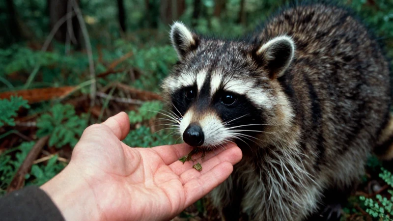 Mapache interactúa con explorador en bosque histórico