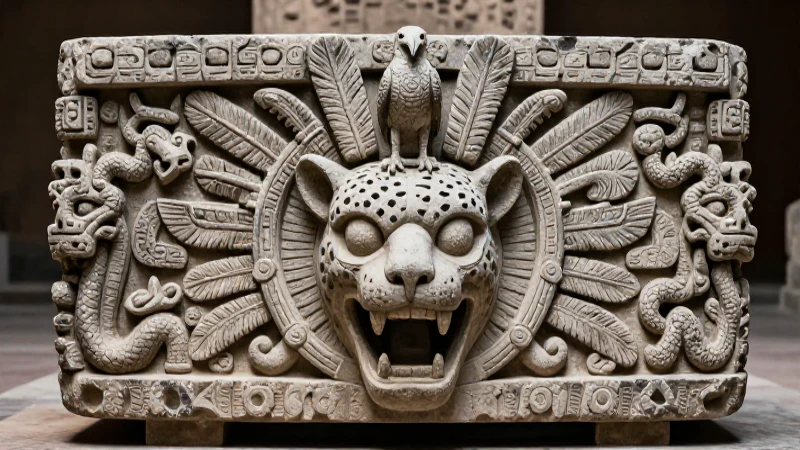 Altar azteca con jaguar y serpiente, representando la muerte