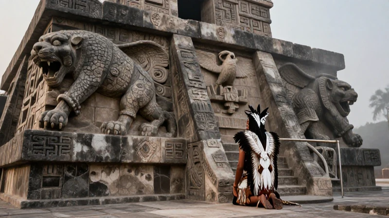 Sacerdote azteca ante altar ceremonial al amanecer