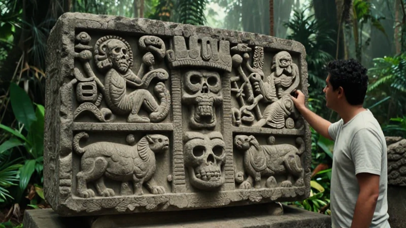 Mateos examina altar azteca en selva mística