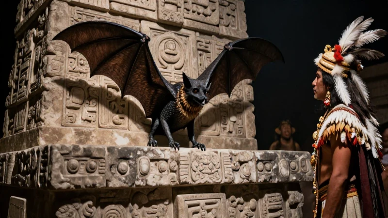 Murciélago azteca en altar sagrado bajo luz dramática
