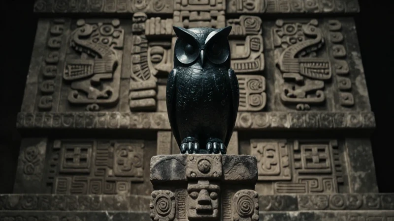 Lechuza de obsidiana sobre altar azteca