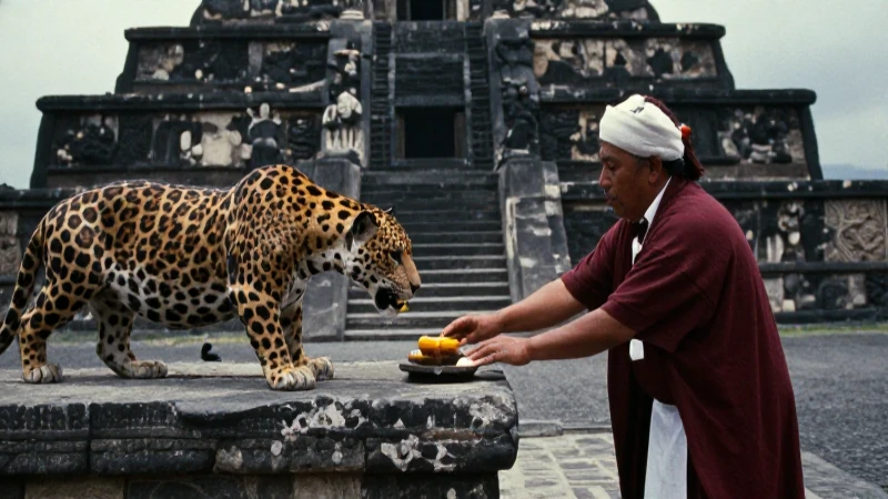Sacerdote Mexica ritual con jaguar en el Templo Mayor