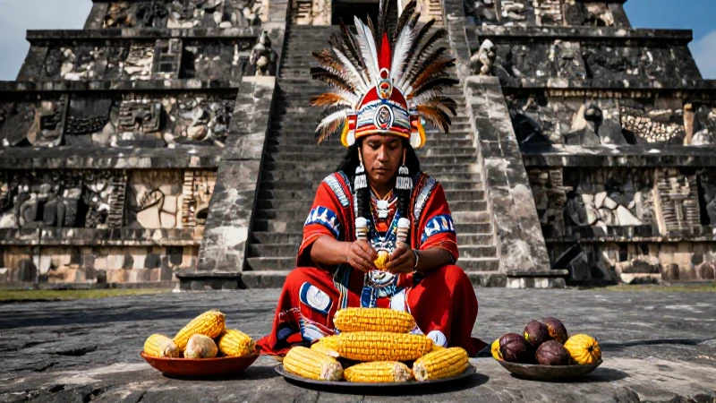 Año Nuevo Mexica: Tradiciones y Celebraciones Ancestrales 46 Sacerdote mexica rito en Templo Mayor con dramatismo histórico