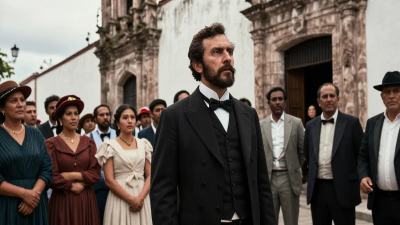Líder revolucionario y multitud en calle colonial
