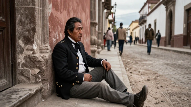 Mestizo cansado frente a autoridad colonial