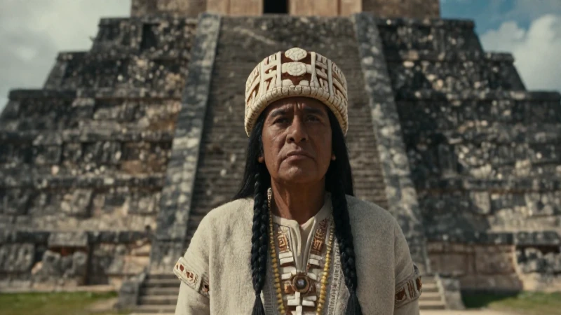 Ruinas mesoamericanas con figura indígena dramática