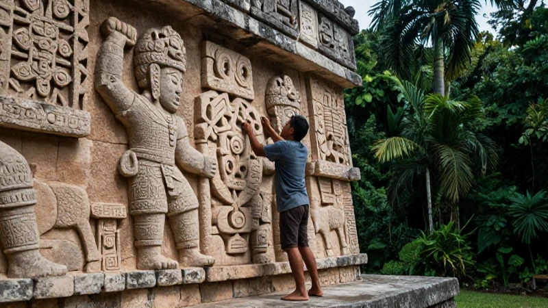 Escultor mesoamericano labra un templo en la jungla