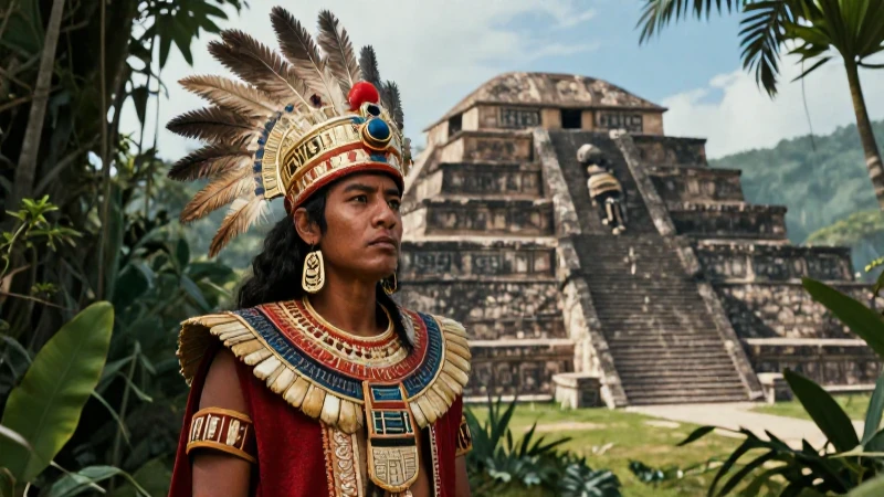 Sacerdote azteca en Tenochtitlan bajo luz dramática