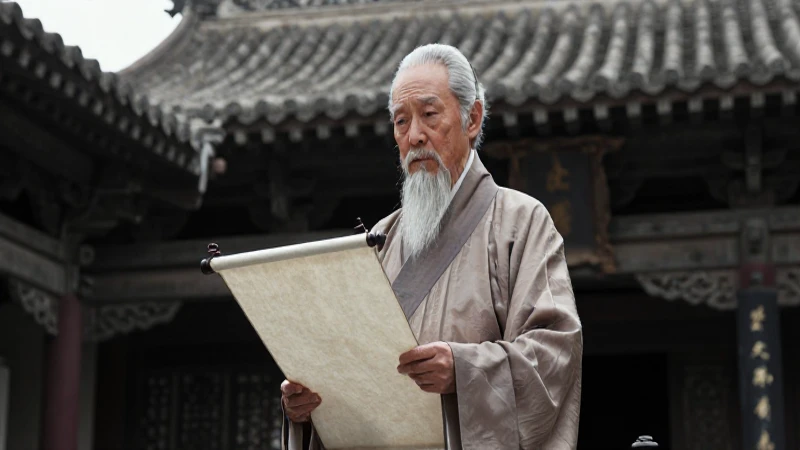 Erudito chino ante templo ancestral