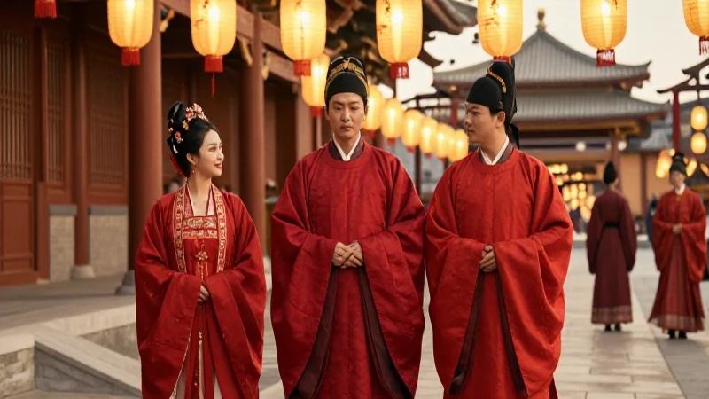 Familia china en rojo ilumina arquitectura imperial antigua
