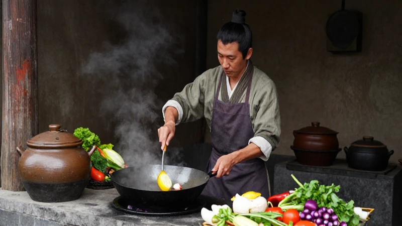 Chef chino en cocina antigua, preparando comida tradicional