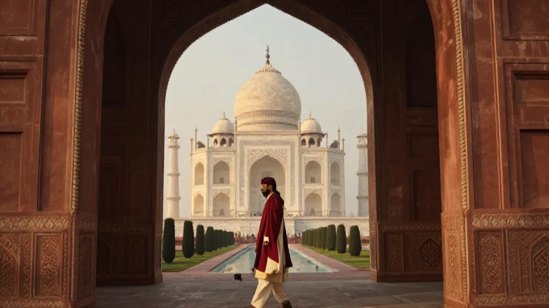 Hombre y Taj Mahal al atardecer dorado