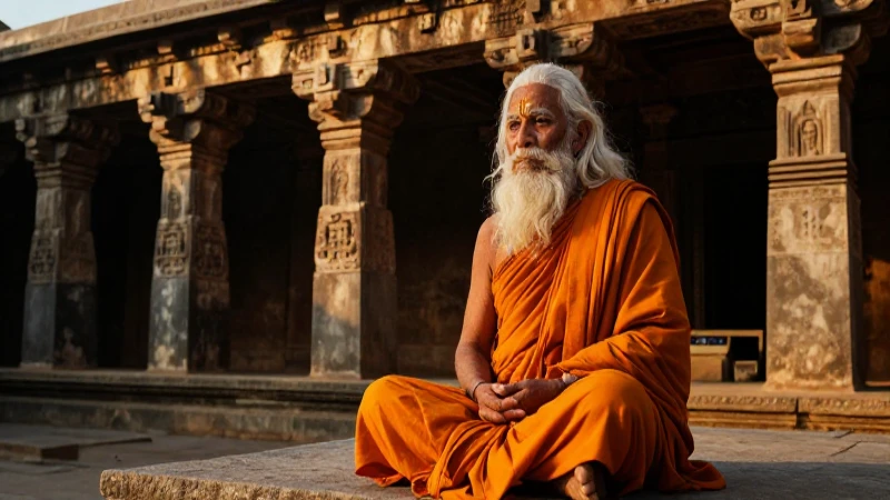 Rishi hindú medita en ashram antiguo