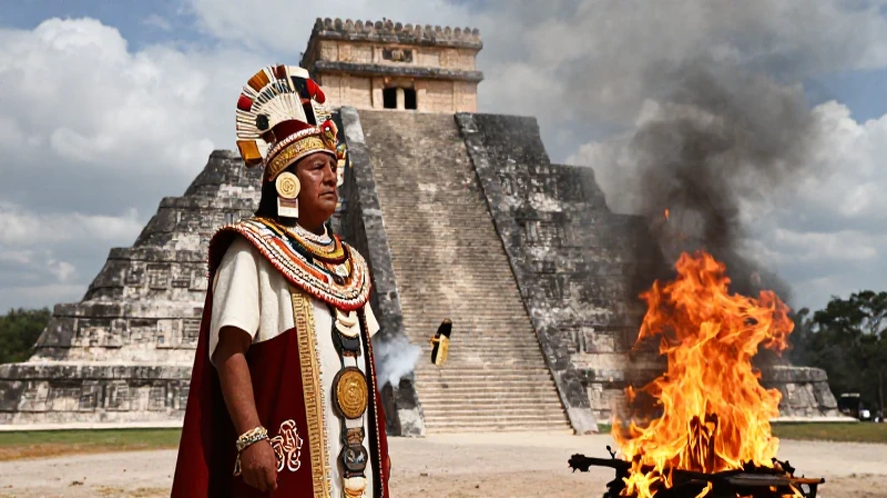 Sacerdote Mexica ante la pirámide de Huitzilopochtli
