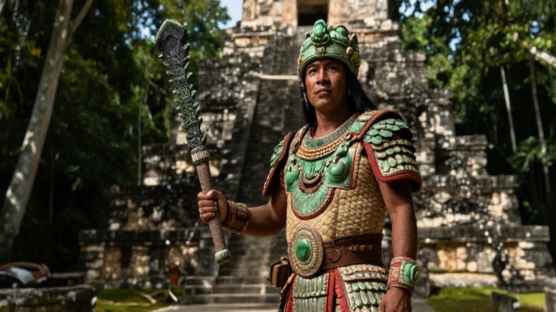 Guerrero maya en ruinas bajo la luz de Tikal