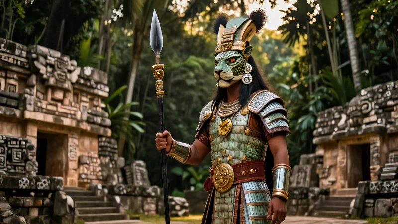 Guerrero maya con armadura de obsidiana en ruinas