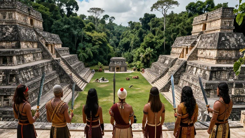 Guerreros mayas con obsidiana observan valle estratégico