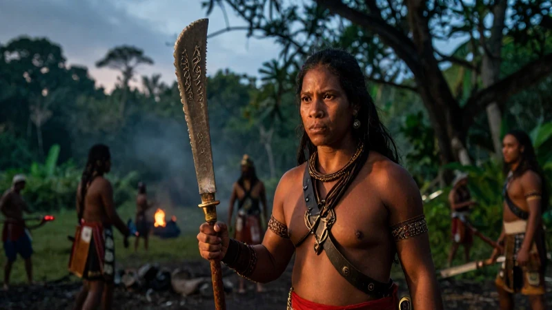 Guerrera maya con macuahuitl en jungla al anochecer